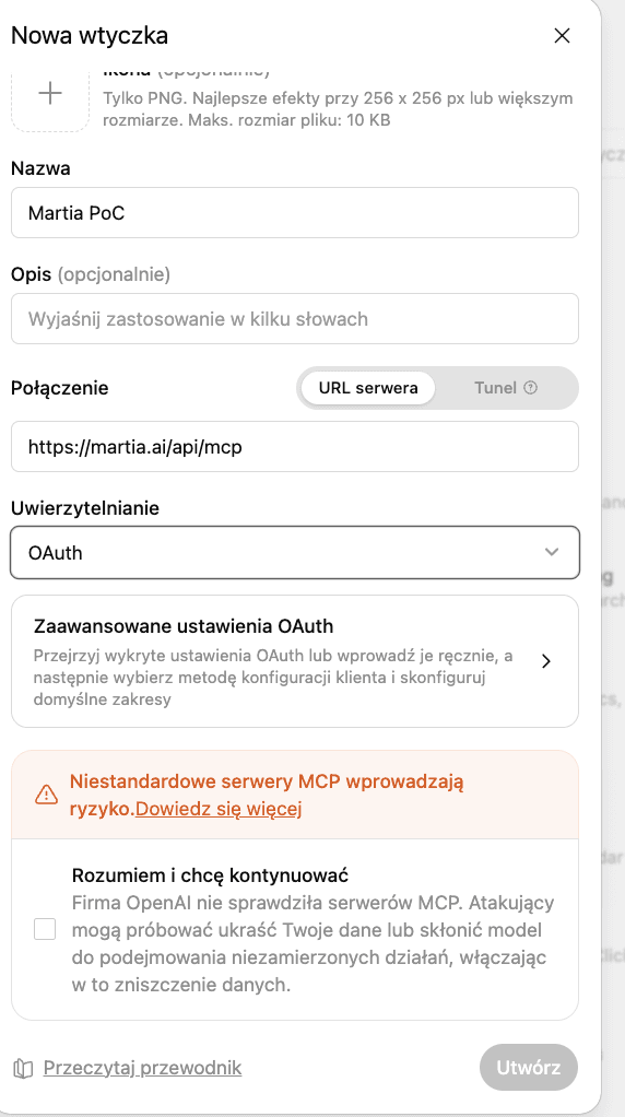 ChatGPTs dialog til et nyt plugin med Martias serveradresse og OAuth valgt